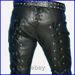 Men's 100% Real Leather Pant Genuine Leather Trouser Black Front & Back Laced Up