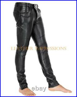 Men's 100% Real Leather Pants Quilted Punk BLUF Men Trousers Gay Breeches Pant