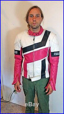 Men's 42 Biker Vintage Motorcycle Jacket and Pants pink black leather FIELDSHEER
