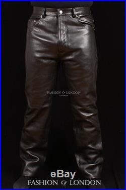 Men's'501 JEANS STYLE' Black Cowhide Real Classic Leather Biker Trouser Pants
