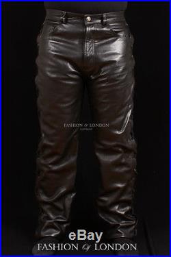 Men's'501 LACED JEANS STYLE' Black Cowhide Real Leather Biker Trouser Pants