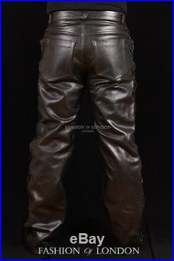Men's'501 LACED JEANS STYLE' Black Cowhide Real Leather Biker Trouser Pants