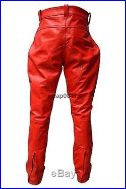 Men's Biker Genuine Leather Motorcycle Party Pant Red Two Side Pocket Trouser