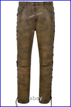 Men's Biker Genuine Leather Trouser Dirty Brown Laced Style Leather Pant