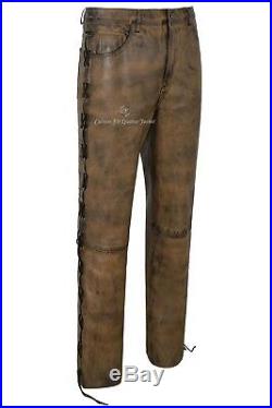 Men's Biker Leather Trouser Dirty Brown Laced Motorcycle Leather Pants 00126