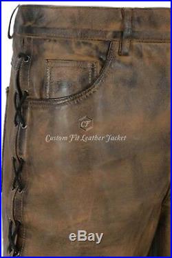 Men's Biker Leather Trouser Dirty Brown Laced Motorcycle Leather Pants 00126