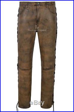 Men's Biker Leather Trouser Dirty Brown Laced Motorcycle Style 100% Napa 00126