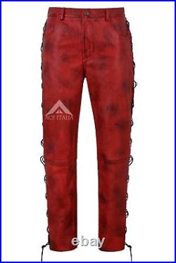 Men's Biker Leather Trouser Dirty Red Laced Motorcycle Style 100% Napa 00126