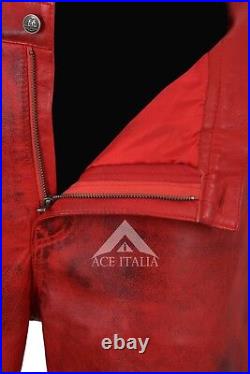 Men's Biker Leather Trouser Dirty Red Laced Motorcycle Style 100% Napa 00126