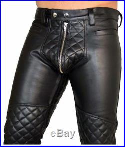 Men's Bikers Pants Real Sheep Leather Quilted Panel Gay Interest Pants