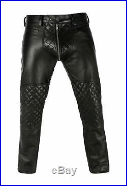 Men's Bikers Pants Real Sheep Leather Quilted Panel Gay Interest Pants