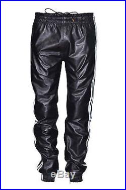 Men's Black American Style Soft Leather Trouser Sweat Track Pant Jogging Bottom