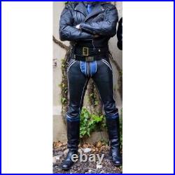 Men's Black Blue Leather Contrast Panels & Stripes Bikers Pants Cowhide