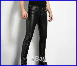 Men's Black Casual Slim Fit Pure Leather Pants Cow Plain Trousers Jeans Pants