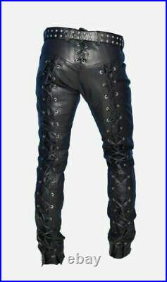 Men's Black Front & Back Laced Up Bikers Pants Genuine Lambkin Leather New Style