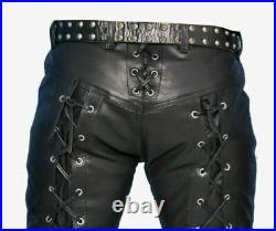 Men's Black Front & Back Laced Up Bikers Pants Genuine Lambkin Leather New Style