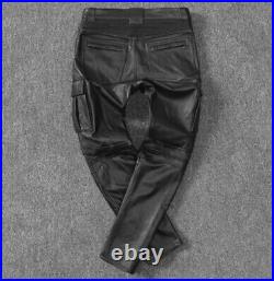 Men's Black Genuine Lamb Leather Cargo Biker Pants Fashionable Leather Pants