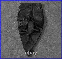 Men's Black Genuine Lamb Leather Cargo Biker Pants black leather pants fashion