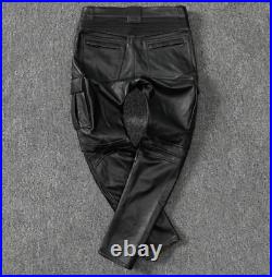 Men's Black Genuine Lamb Leather Cargo Biker Pants black leather pants fashion
