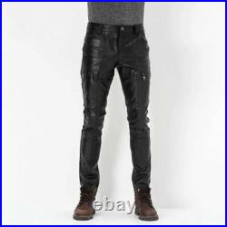 Men's Black Genuine Lambskin Real Leather Jeans Biker Overalls Pant ZL-001