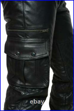 Men's Black Genuine Leather Cargo Quilted Panel Pants Trouser Quilted Fitted HOT