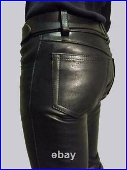 Men's Black Genuine Leather Gay BLUF Style Jeans Motorbike Trousers Pants 28-42