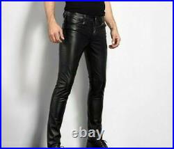 Men's Black Genuine Leather slim fit Biker trouser pants