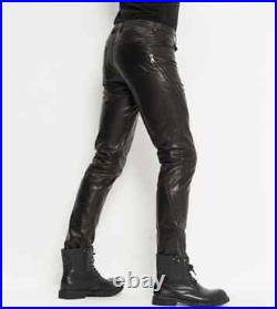 Men's Black Leather Biker Pants Leather Pants Moto Zipper skinny fit pants US 32