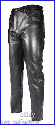 Men's Black Real Genuine Hide Premium Leather Motorcycle Biker Jeans Trousers