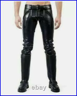 Men's Black Real Genuine cowhide Leather Pant Motorcycle Biker Jeans Trousers