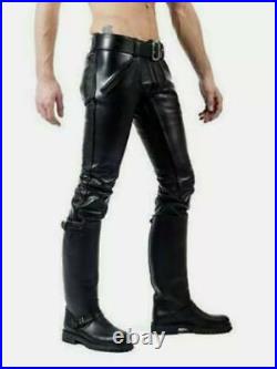 Men's Black Real Genuine cowhide Leather Pant Motorcycle Biker Jeans Trousers