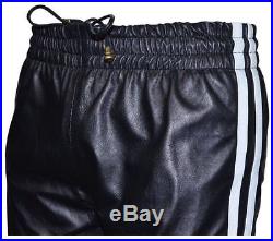 Men's Black White Stripe Soft Leather Trousers Track Pant Zip Jogging Bottom