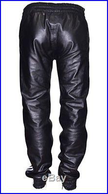 Men's Black White Stripe Soft Leather Trousers Track Pant Zip Jogging Bottom