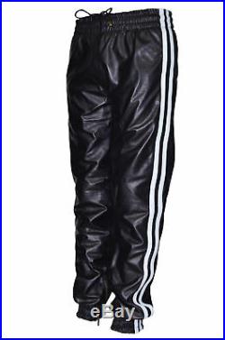 Men's Black White Stripes Lambskin Leather Jogging Bottom Trousers Sweat Track