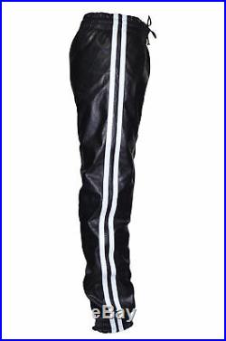 Men's Black White Stripes Lambskin Leather Jogging Bottom Trousers Sweat Track