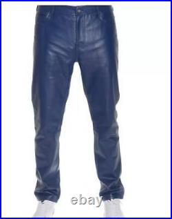 Men's Blue Genuine Leather Slim Fit Jeans pants