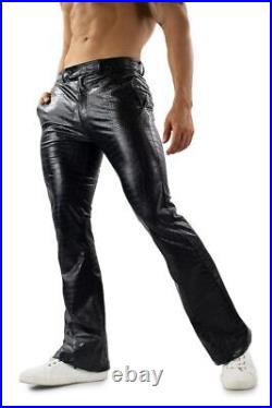 Men's Bootcut Real Leather Trouser Black Croc Embossed Casual Pant Pockets Jeans
