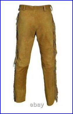 Men's Brown Buckskin Suede Sioux Style Beaded Western Rendezvous Pants NP58