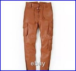Men's Brown Casual Lace-Up Cargo Pants Multi-Pocket Pants Sheepskin TAN Leather