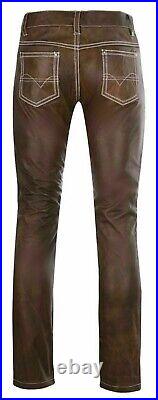 Men's Brown Distress Leather Pants with White Stitching Slim Fit Trouser LP-017