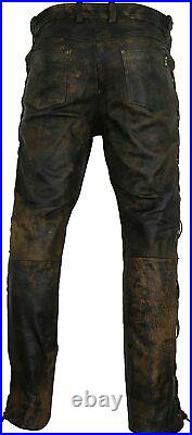 Men's Brown Distressed Leather Side Laces Jeans Style Motorcycle Leather Pant