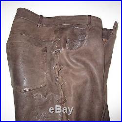 Men's Brown Leather Lace Up Pants Italy EUR40 US30 Giorgio Cuir Cowboy Western