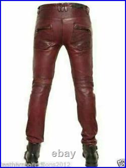 Men's Burgundy Leather pant Real Lambskin Leather Biker Leather jeans Pant 077