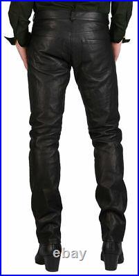 Men's Button Fly Black Biker Leather Jeans Pant Designer Trouser Motorcycle M56