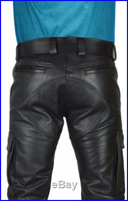 Men's COWHIDE LEATHER CARGO PANTS BIKERS PANTS WITH FREE LEATHER BELT