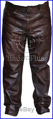 Men's Classic Brown Leather Biker Pants Trousers (Distressed or Vintage)