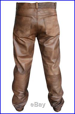 Men's Classic Vintage Brown Leather Diamond Jacket Matching Biker Pants Trousers