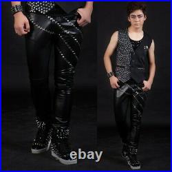 Men's Clubwear Costume Leather Pants Long Trouser Rivet Stretch Sim fit Casual