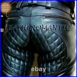 Men's Cow Leather Addict Quilted Motor Bike Pants Bluf Black Zipper Kink Trouser