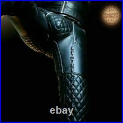 Men's Cow Leather Addict Quilted Motor Bike Pants Bluf Black Zipper Kink Trouser